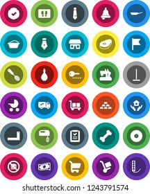 White Solid Icon Set- mop vector, welcome mat, foam basin, house hold, pan, oil, skimmer, steak, pen, corner ruler, bell, flag, cash, tie, gold ingot, no fastfood, bone, cargo, protected, disk, cart