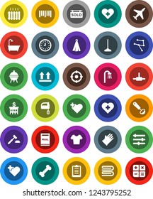 White Solid Icon Set- mop vector, towel, rubber glove, ladle, mixer, bbq, auction, bank building, clock, clipboard, t shirt, heart cross, bone, plane, top sign, barcode, connect, network, equalizer