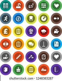 White Solid Icon Set- mop vector, water tap, ruler, clipboard, dollar coin, pie graph, investment, auction, annual report, bank building, binder, pound, run, route, dialog, heart, cross, tooth, fan