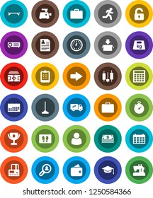 White Solid Icon Set- mop vector, welcome mat, graduate hat, case, clipboard, award cup, japanese candle, credit card, calculator, clock, personal information, calendar, stadium, stopwatch, run