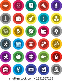 White Solid Icon Set- mop vector, clothespin, splotch, apron, wallet, manager, calendar, jump rope, fitball, water bottle, hoop, gymnast rings, run, signpost, tulip, satellitie, eye, broken bone
