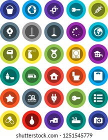 White Solid Icon Set- mop vector, bucket, toilet, sprayer, oil, school bus, scales, medal, pills, pool, earth, port, dna, syringe, loading, key, house, cottage, fruit tree, menu, star, power plug