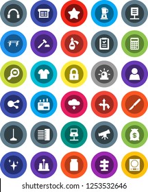 White Solid Icon Set- mop vector, shining, spices, jar, telescope, auction, calculator, horizontal bar, route, signpost, cargo search, headphones, social media, scalpel, potion, notebook network