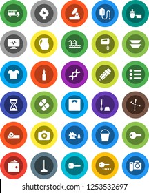 White Solid Icon Set- mop vector, bucket, toilet brush, plates, jug, oil, pencil, microscope, school bus, constellation, wallet, sand clock, scales, port, camera, dna, pills, eye doctor hat, key