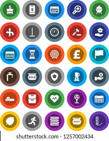 White Solid Icon Set- mop vector, house hold, towel, bbq, archive, flag, leaf, investment, bank building, clock, target, sand, calendar, pound, heart pulse, run, route, eye doctor hat, water supply