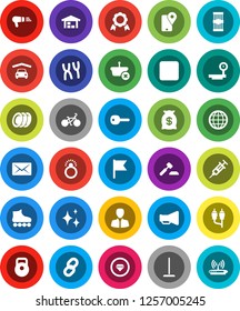White Solid Icon Set- mop vector, shining, plates, pasta, medal, flag, manager, auction, bike, weight, roller Skates, traking, big scales, loudspeaker, stop button, rca, syringe, chromosomes, mail