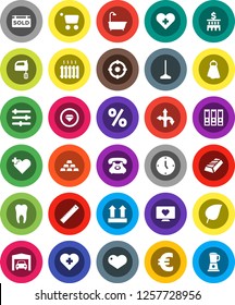 White Solid Icon Set- mop vector, towel, mixer, ruler, leaf, gold ingot, bank building, clock, binder, euro sign, heart monitor, cross, route, phone, top, tooth, equalizer, garage, sold signboard