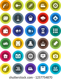 White Solid Icon Set- mop vector, bucket, iron, steaming, plates, cake, pencil, world, wallet, sand clock, scales, medal, pool, flammable, camera, syringe, pills, diagnostic monitor, cloud exchange