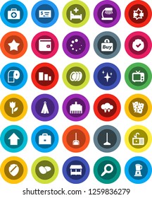 White Solid Icon Set- mop vector, scoop, shining, toilet paper, sink, towel, plates, potato, case, table lamp, magnifier, wallet, check, arrow up, breads, first aid kit, tulip, sorting, protected