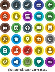 White Solid Icon Set- mop vector, rake, towel, water tap, pasta, school bus, abacus, world, manager, target, heart pulse, attention, calendar, warehouse, speaker, scissors, anamnesis, amkbulance car