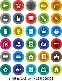 White Solid Icon Set- mop vector, steaming, bath, house hold, skimmer, dry cargo, tv, chalet, garage, rent signboard, sold, key, cushioned furniture, love home, power plug, dishwasher, fridge, phone