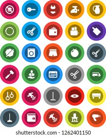 White Solid Icon Set- mop vector, splotch, meat hammer, cutting board, toaster, jug, scissors, school bus, wallet, fitball, shorts, swimsuite, no fastfood, hoop, gymnast rings, client, calendar, eye