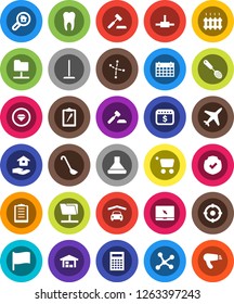 White Solid Icon Set- mop vector, house hold, skimmer, ladle, calculator, flag, constellation, auction, dollar calendar, plane, clipboard, protected, notebook pc, tooth, connect, network, folder