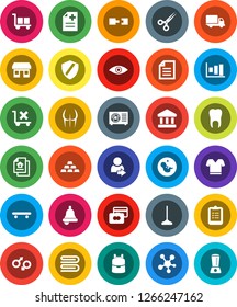 White Solid Icon Set- mop vector, towel, backpack, bell, clipboard, document, bank, graph, credit card, gold ingot, buttocks, t shirt, skateboard, office, delivery, cargo, no trolley, social media