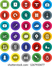 White Solid Icon Set- mop vector, scoop, car fetlock, washboard, whisk, hand mill, bbq, plates, graph, man, measuring, clipboard, swimsuite, first aid kit, route, port, remote control, dna, redo