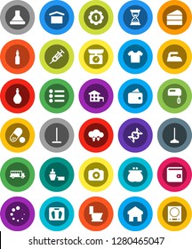White Solid Icon Set- mop vector, iron, toilet, oil, cake, school bus, wallet, sand clock, scales, medal, pills, port, dry cargo, camera, dna, syringe, cloud exchange, home, loading, cottage, menu