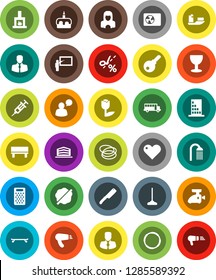 White Solid Icon Set- mop vector, splotch, shower, cleaner woman, knife, grater, cake, blackboard, school bus, manager, skateboard, hoop, client, ship, glass, tulip, speaking man, heart, syringe
