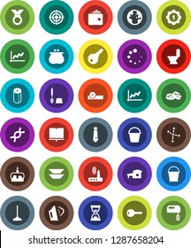 White Solid Icon Set- mop vector, bucket, steaming, toilet, brush, paper, plates, cake, book, world, constellation, graph, wallet, sand clock, tie, target, medal, dna, pills, eye doctor hat, router