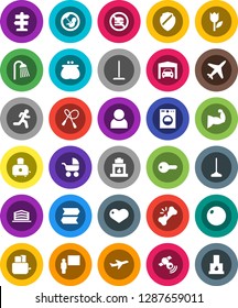 White Solid Icon Set- mop vector, shower, toaster, blackboard, jump rope, fitball, muscule hand, no fastfood, run, signpost, plane, tulip, satellitie, heart, pregnancy, broken bone, shield, user