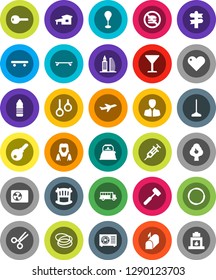 White Solid Icon Set- mop vector, cleaner woman, kettle, meat hammer, school bus, manager, punching bag, skateboard, water bottle, no fastfood, hoop, gymnast rings, signpost, plane, glass, heart