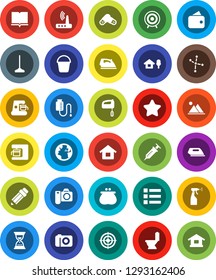 White Solid Icon Set- mop vector, bucket, iron, toilet, sprayer, book, pencil, constellation, sand clock, target, earth, syringe, pills, drop counter, router, house, chalet, mountain, wallet, star