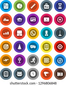 White Solid Icon Set- mop vector, towel, ruler, dollar coin, pie graph, annual report, clock, target, sand, clipboard, run, plane, sorting, notebook pc, eye doctor hat, barn, sold signboard, phone