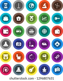 White Solid Icon Set- mop vector, toilet, brush, microscope, school bus, constellation, graph, wallet, sand clock, target, medal, pool, earth, flammable, dna, loading, key, home, password, iron