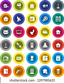 White Solid Icon Set- mop vector, iron, steaming, toilet, skimmer, house, cottage, chalet, rent signboard, sold, search estate, fridge, smart home, building, dishwasher, mixer, coffee maker, hood