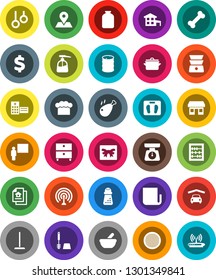 White Solid Icon Set- mop vector, toilet brush, liquid soap, pan, scales, cook hat, hand mill, double boiler, sieve, jar, chicken leg, blackboard, abacus, archive, dollar sign, bone, gymnast rings