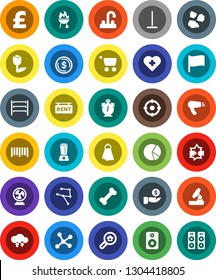 White Solid Icon Set- mop vector, towel, garbage pile, water tap, bbq, microscope, alarm clock, flag, dollar coin, pie graph, investment, pound, heart cross, bone, tulip, barcode, shelving, speaker