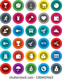 White Solid Icon Set- mop vector, water tap, splotch, meat hammer, grater, toaster, jug, scissors, school bus, wallet, fitball, swimsuite, skateboard, run, client, calendar, glass, umbrella, heart