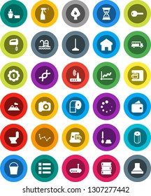 White Solid Icon Set- mop vector, bucket, toilet, brush, sprayer, paper, book, school bus, constellation, graph, sand clock, medal, pool, port, camera, dna, router, home, loading, fruit tree, key