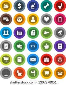 White Solid Icon Set- mop vector, toilet, water closet, hand mill, mixer, copybook, university, telescope, cart, piggy bank, dollar sign, horizontal bar, enegry drink, bone, phone, ship, top, heart