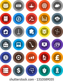 White Solid Icon Set- mop vector, garbage pile, ladle, microscope, notebook pc, alarm clock, constellation, dollar coin, target, flag, pound, sign, heart monitor, sorting, equalizer, connect, open