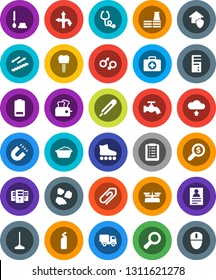 White Solid Icon Set- mop vector, water tap, toilet brush, foam basin, cleaning agent, garbage pile, magnet, personal information, magnifier, money search, roller Skates, stairways run, route, mouse