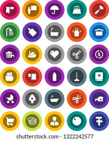 White Solid Icon Set- mop vector, bath, drying clothes, shower, kettle, apron, meat hammer, cutting board, toaster, blackboard, exchange, manager, fitball, water bottle, hoop, ship, umbrella, heart