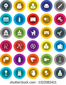 White Solid Icon Set- mop vector, knife, grater, toaster, jug, blackboard, exchange, manager, calendar, jump rope, punching bag, shorts, water bottle, tulip, satellitie, scissors, bench, fruit tree