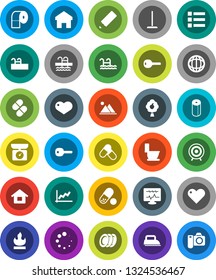 White Solid Icon Set- mop vector, toilet, paper, plates, pencil, world, graph, target, pills, pool, flammable, heart, diagnostic monitor, home, loading, key, house, fruit tree, mountain, menu, iron