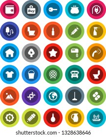White Solid Icon Set- mop vector, bucket, steaming, toilet, sprayer, oil, jug, pencil, school bus, wallet, target, medal, earth, dna, syringe, pills, drop counter, home, key, fruit tree, mountain