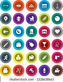 White Solid Icon Set- mop vector, drying clothes, knife, cutting board, toaster, calendar, gold ingot, jump rope, fitball, muscule hand, skateboard, water bottle, run, signpost, glass, satellitie