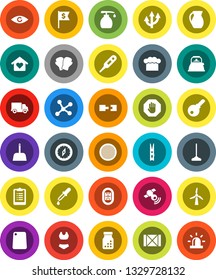 White Solid Icon Set- mop vector, scoop, clothespin, liquid soap, kettle, cook hat, cutting board, jug, sieve, compass, dollar flag, clipboard, boxing glove, swimsuite, stadium, delivery, wood box