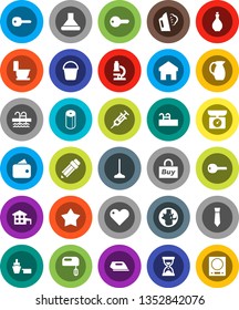 White Solid Icon Set- mop vector, bucket, steaming, toilet, paper, oil, jug, pencil, microscope, world, sand clock, tie, pool, port, heart, syringe, home, key, cottage, wallet, buy, star, iron, hood