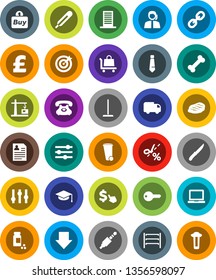 White Solid Icon Set- mop vector, trash bin, knife, steak, graduate hat, notebook pc, arrow down, personal information, tie, dollar cursor, pound, pills vial, bone, phone, support, shelving, link