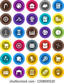 White Solid Icon Set- mop vector, garbage pile, calculator, archive, constellation, bank, pie graph, auction, sand clock, clipboard, tulip, barcode, equalizer, hospital building, sperm, connection