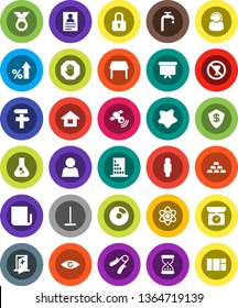 White Solid Icon Set- mop vector, splotch, atom, personal information, flask, pie graph, percent growth, man, presentation board, gold ingot, hand trainer, medal, no alcohol sign, satellitie, eye
