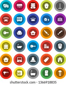 White Solid Icon Set- mop vector, bath, double boiler, dry cargo, key, house, chalet, garage, apartments, office building, cushioned furniture, relocation truck, home, fridge, coffee maker, hood