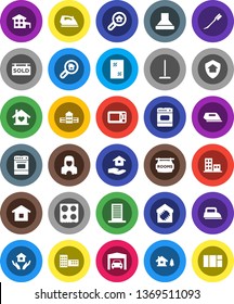 White Solid Icon Set- mop vector, car fetlock, window cleaning, iron, house hold, cleaner woman, oven, school building, cottage, chalet, garage, rooms signboard, sold, apartments, search estate