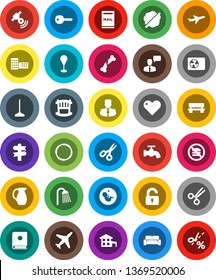 White Solid Icon Set- mop vector, water tap, splotch, shower, jug, school building, scissors, manager, punching bag, no fastfood, hoop, signpost, plane, satellitie, speaking man, heart, pregnancy