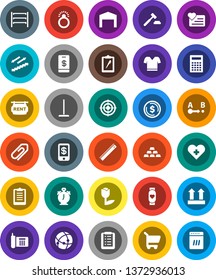 White Solid Icon Set- mop vector, ruler, calculator, alarm clock, dollar coin, auction, gold ingot, clipboard, t shirt, target, heart monitor, stairways run, phone, top sign, tulip, route, shelving