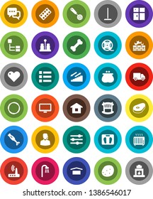 White Solid Icon Set- mop vector, shining window, skimmer, spices, blender, potato, steak, scales, stairways run, bone, hoop, delivery, dry cargo, film spool, dialog, monitor, heart, pills blister